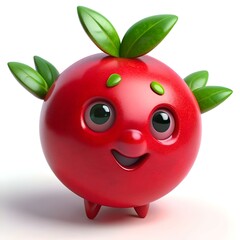 A smiling red cartoon fruit with green leaves.