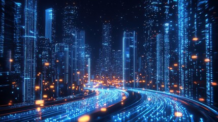 Naklejka premium Futuristic cityscape at night, illuminated by glowing blue lights, showcasing a vibrant and dynamic digital atmosphere.