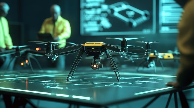 Advanced drone technology demonstration in a high-tech command center during a strategic planning session