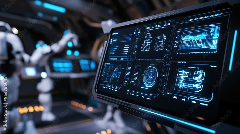 Poster futuristic control panel with holographic displays in a high-tech laboratory featuring robotic figur