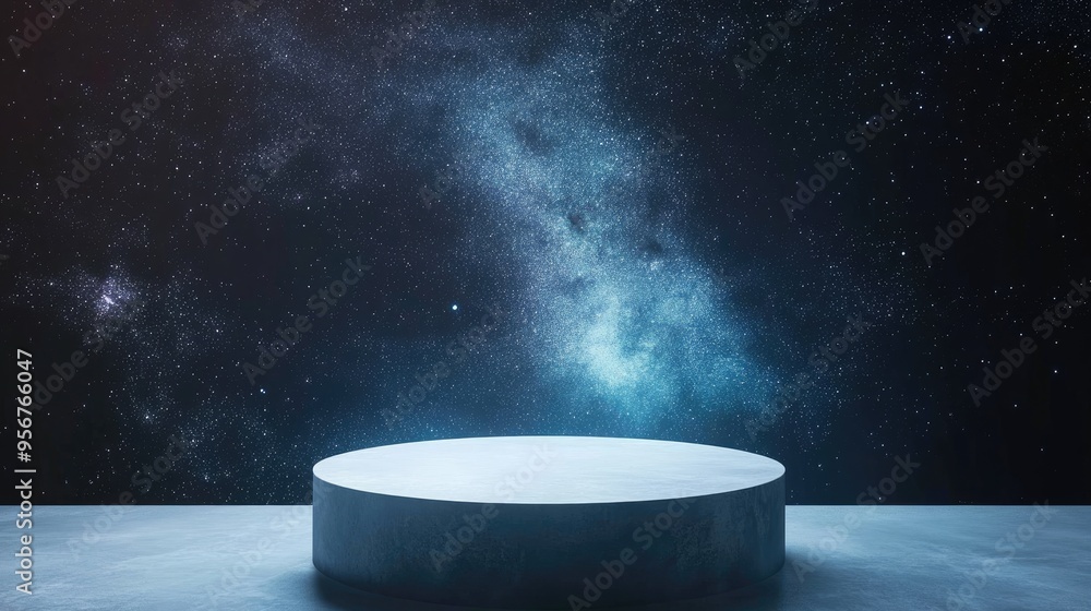 Poster white display podium floating in the dark expanse of outer space, surrounded by stars and galaxies.