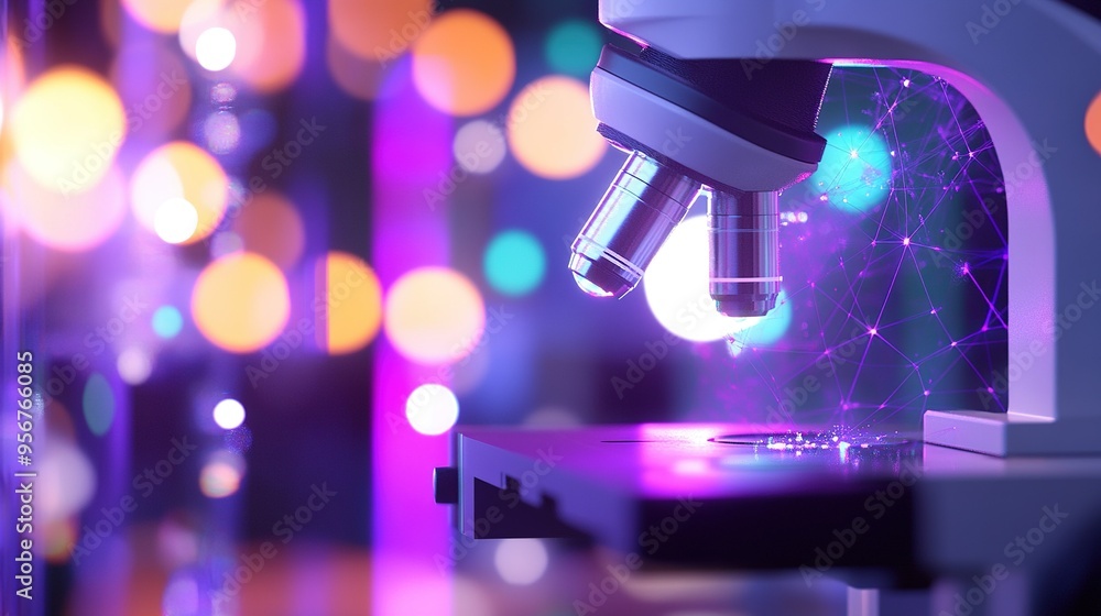 Poster close-up of a microscope with bright bokeh lights in the background, creating a colorful, dynamic at