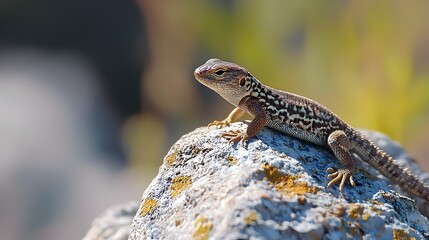 Fototapeta premium Detailed Macro Shot of a Lizard Perching on a Rock in Natural Light