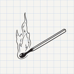 Burning matchstick doodle sketch icon. Minimalist line drawing of a match with flame. Black and white hand-drawn vector illustration.