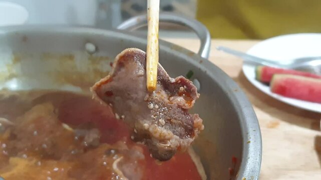 Unhygienic beef meat with tapeworm cestoda parasit egg worm inside meat at restaurant 4k