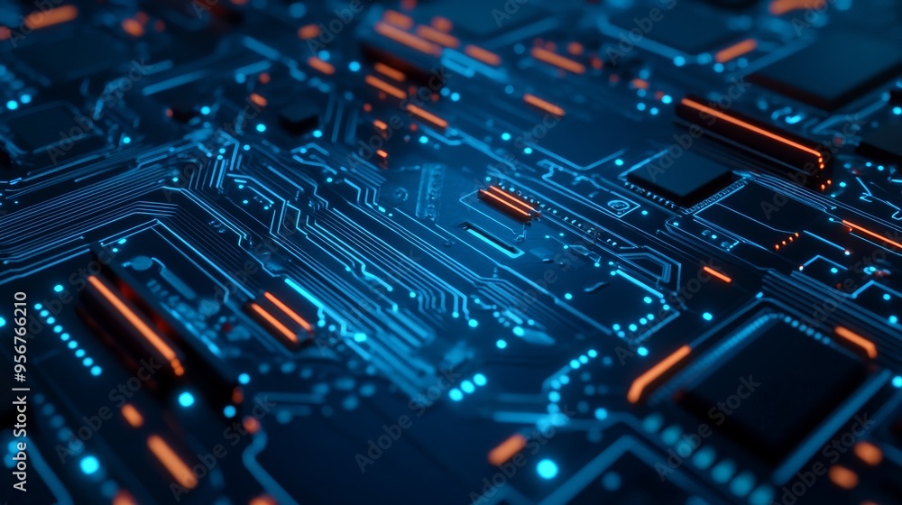Poster a close-up view of a blue and orange circuit board, showcasing intricate pathways and electronic com