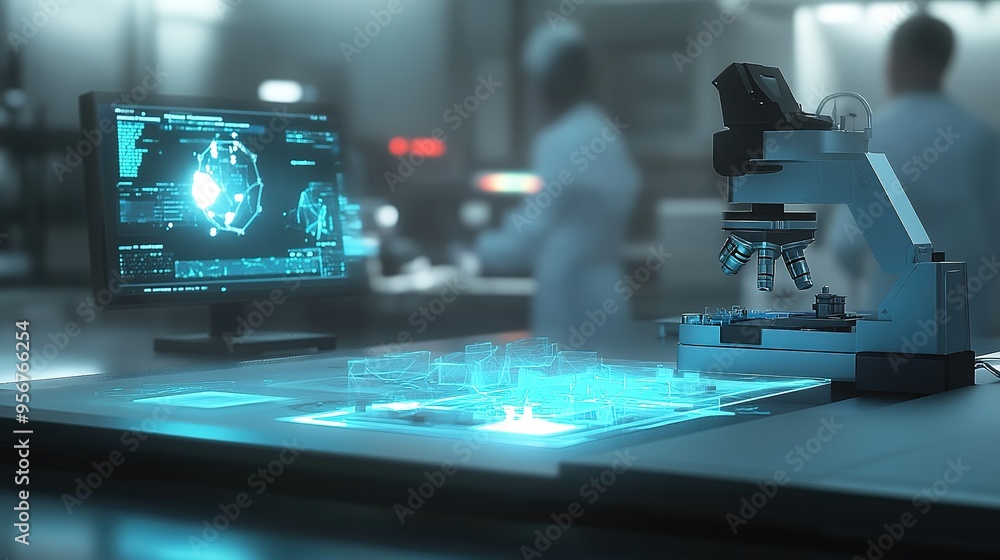 Poster advanced laboratory environment with digital display and microscope during research activities