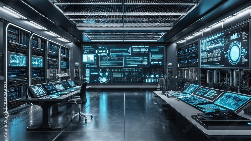 Poster futuristic control room filled with advanced technology and data screens, showcasing real-time analy
