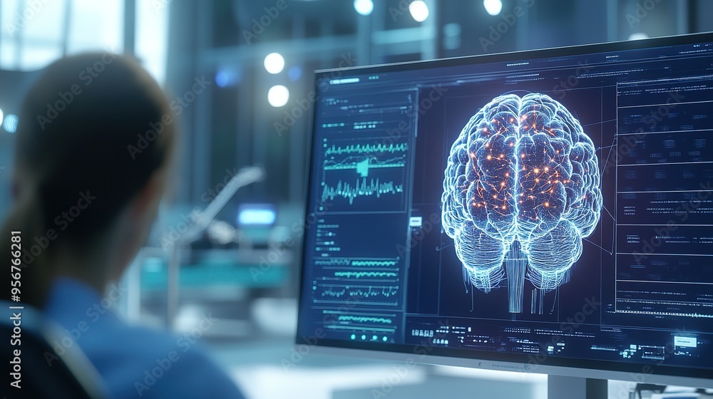 Poster a researcher analyzes brain activity data on a computer screen in a modern laboratory setting during