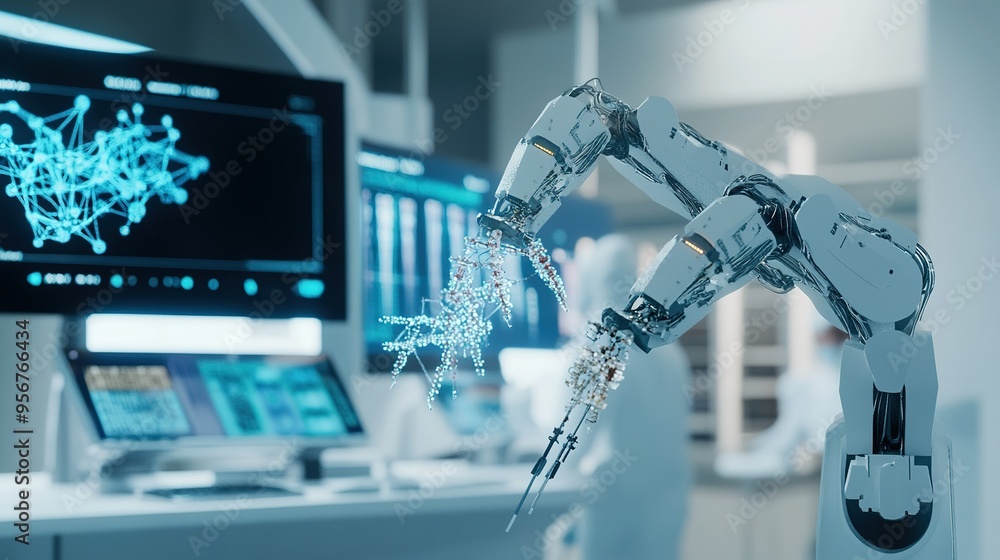 Poster advanced robotic arm assembling components in a high-tech laboratory during daylight