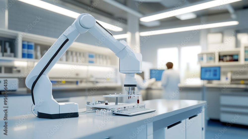 Poster robotic arm in a modern laboratory during a research experiment focused on precise data analysis