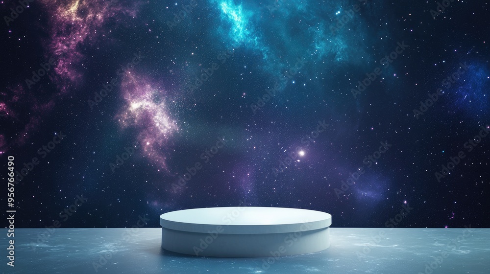 Poster white display podium floating in the dark expanse of outer space, surrounded by stars and galaxies.