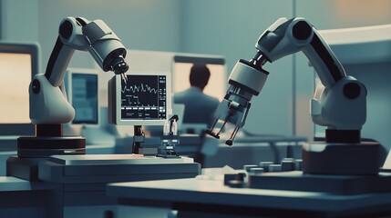 Robotic arms working collaboratively in a modern laboratory setting with advanced technology and computer monitors