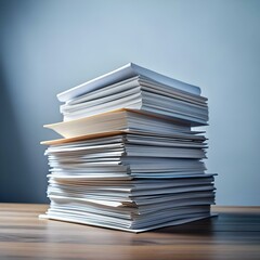 A large stack of documents on a wooden desk.