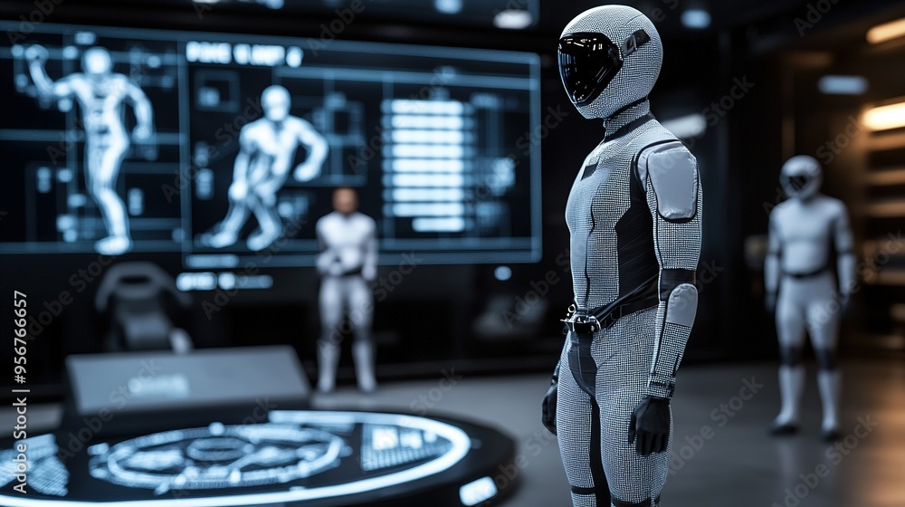Poster futuristic humanoid robot in a high-tech laboratory with glowing displays and advanced design elemen