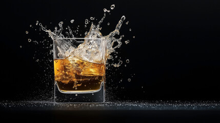 A glass of amber-colored whisky with ice cubes splashing on a black background, capturing the dynamic movement of the liquid.