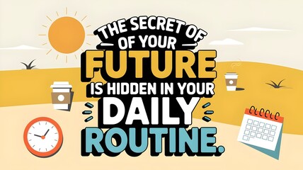 Fototapeta premium The secret of your future is hidden in your daily routine. This vibrant vector illustration features a motivational quote with playful elements like a sun, coffee cups, and a clock. productivity theme