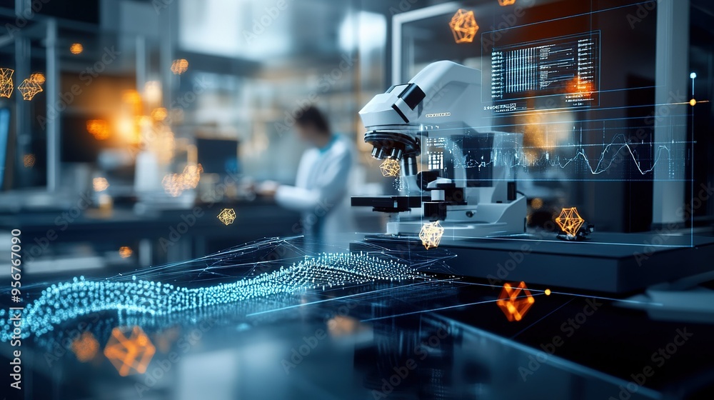 Poster modern laboratory setup with a microscope and digital data analysis during a research session