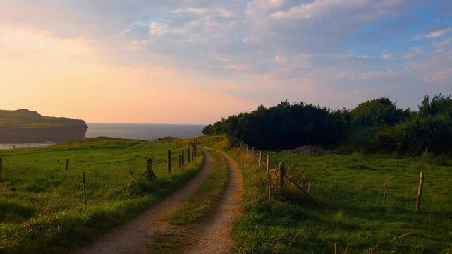 Scenic view of a path through a green meadow leads towards to a beautiful horizon under a sunset sky. High quality 4k footage
