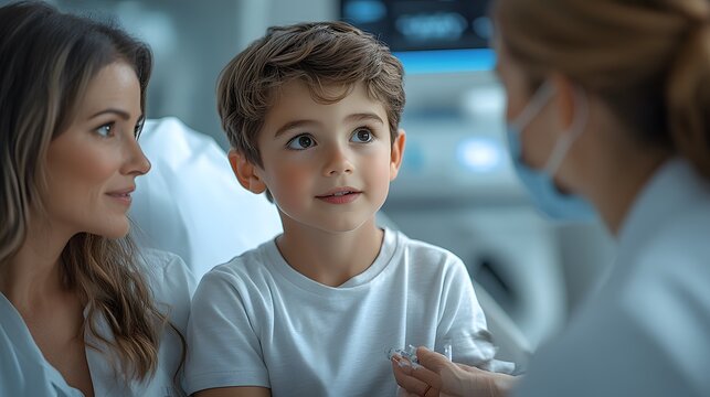 A 3D realistic image of a young family with a child sitting in a modern clinic, a doctor in a white coat preparing a vaccine injection, with a bright and clean background in the hospital room.