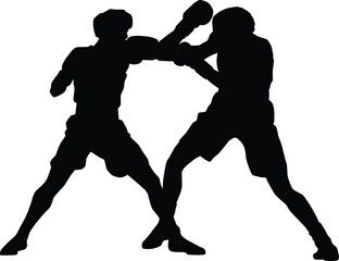 Boxer silhouette illustration. People pose while boxing isolated on white.
