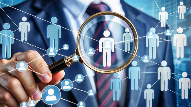 Businessman Using Magnifying Glass to Find the Right Person in Network