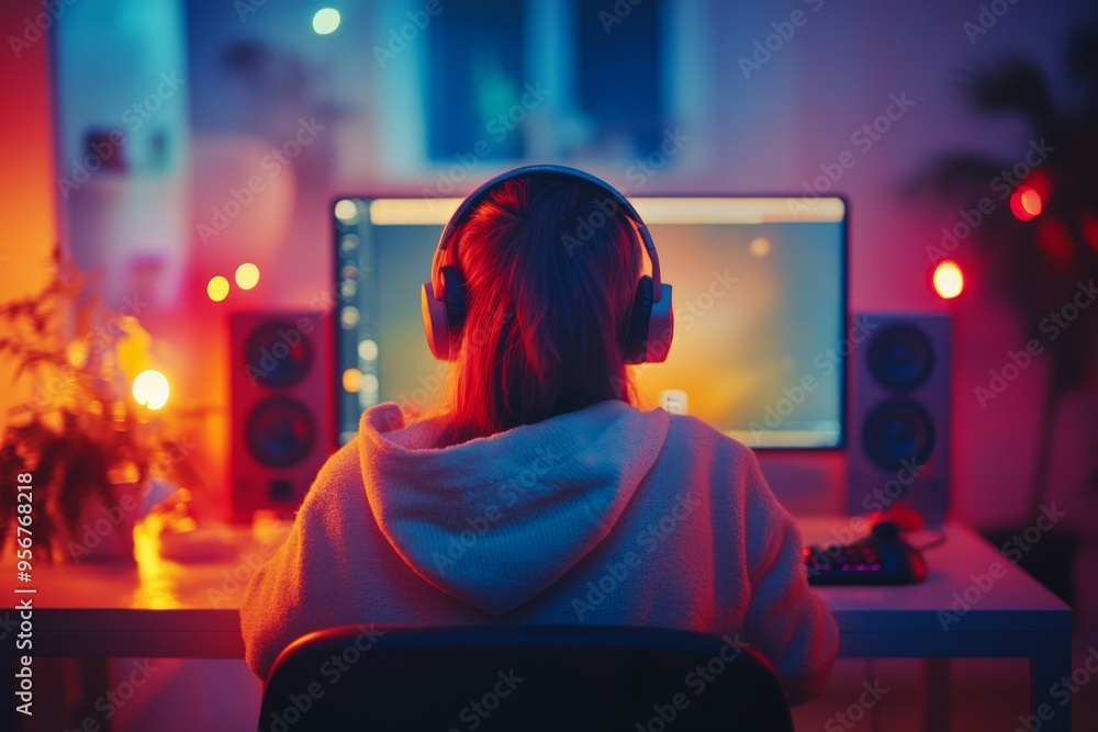 Poster over the shoulder view of a video camera operator using headphones to edit video footage on a deskto