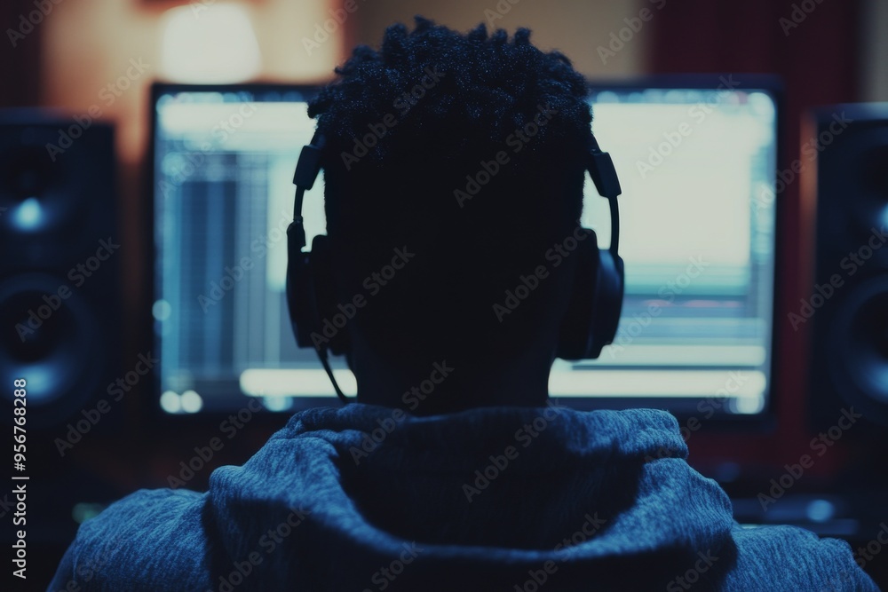 Poster videographer edits video footage with digital software on desktop computer using post-production mul