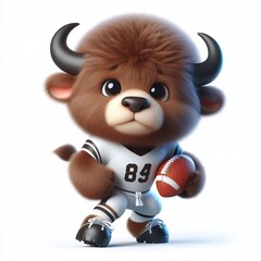 Fototapeta premium a cute 3d fluffy buffalo teddy bear character as an American football player, white background