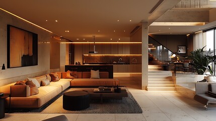 An open-plan living room with a kitchen and stairs combines modernity and spaciousness.