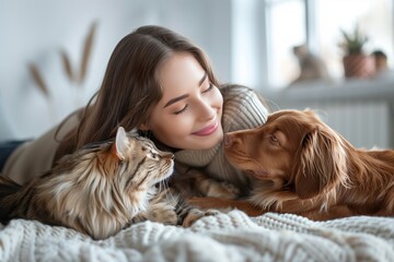 Smiling woman cuddling with her dog and curious cat.