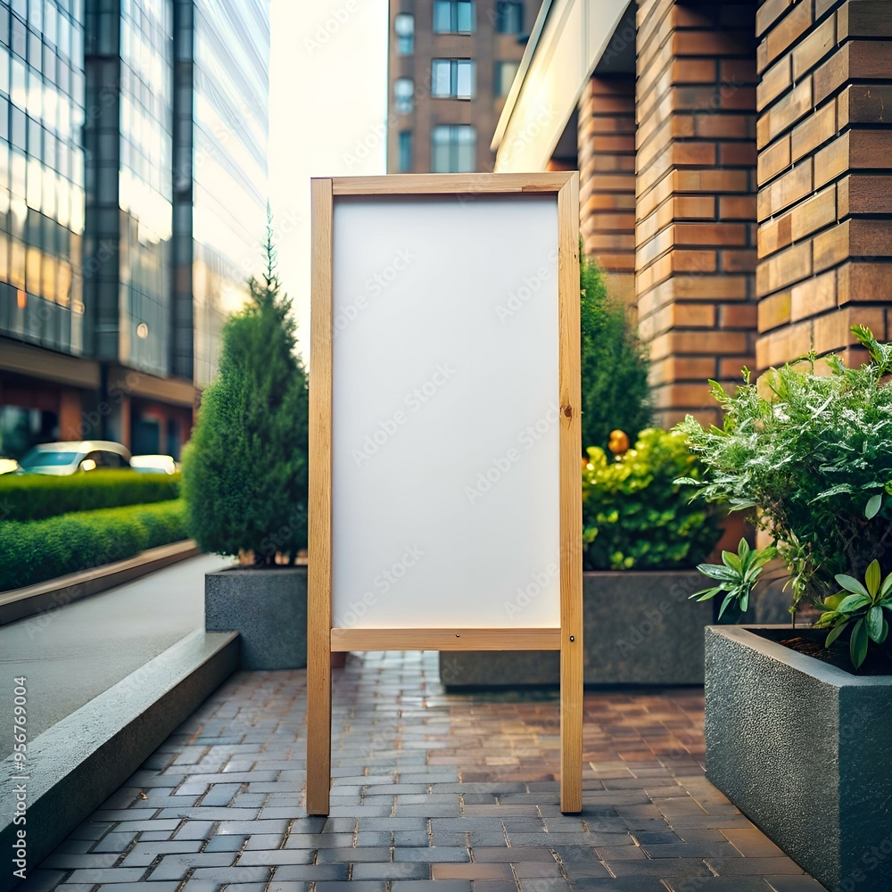 Poster a blank. wooden a frame sign stands in front of a city building. perfect for adding your own custom 