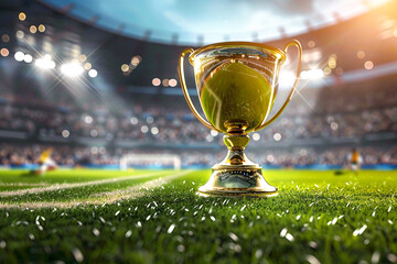 Golden trophy on a soccer field under stadium lights, symbolizing victory and championship glory.