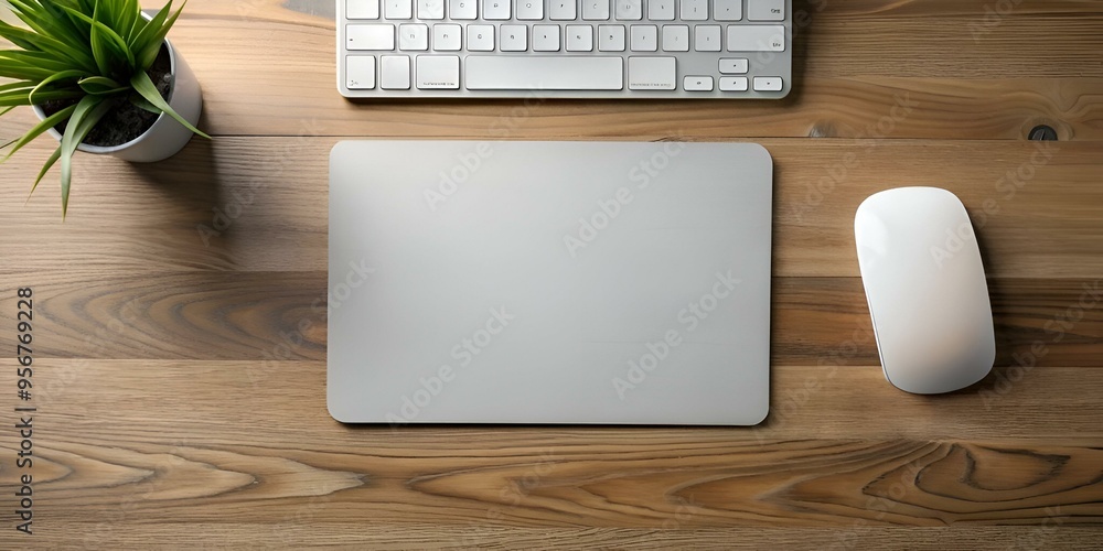 Poster clean and minimal workspace with a white keyboard. mouse. and a blank mousepad on a wooden desk.