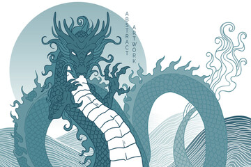 hand drawn japanese vector dragon in blue colors	