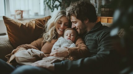 Obraz premium A young family enjoys quality time together on a cozy couch in natural light