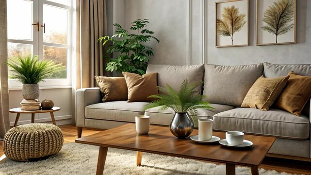 Cozy Living Room with Beige Sofa and Wooden Coffee Table.