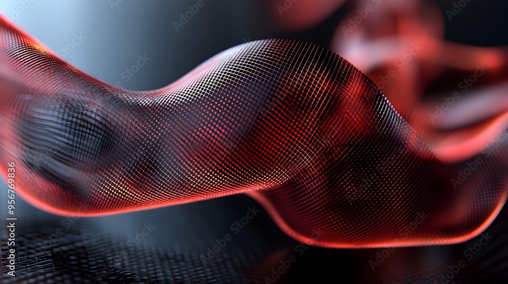 Poster futuristic ribbon with intricate grid overlay suspended over metallic background