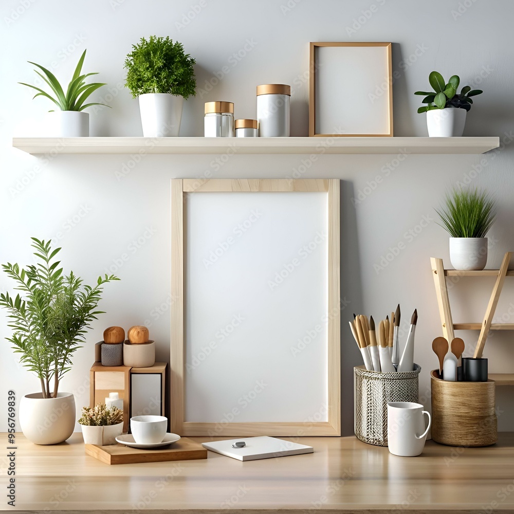 Poster a clean and minimal workspace with a blank frame for your design.