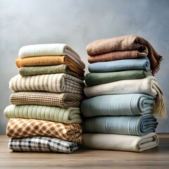 A beautiful stack of cozy blankets in various textures and colors.