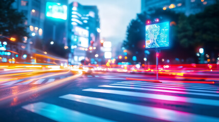 Fototapeta premium Vibrant City Street at Night with Blurred Lights and Digital Billboard in Urban Setting