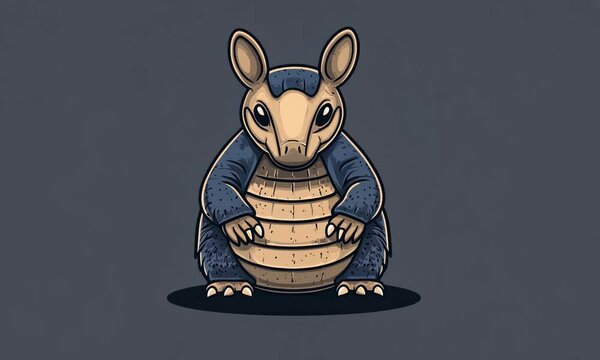 Mascot Logo armadillo, denim texture, rolling, frontal, curled up expression, dusty trail gray background

