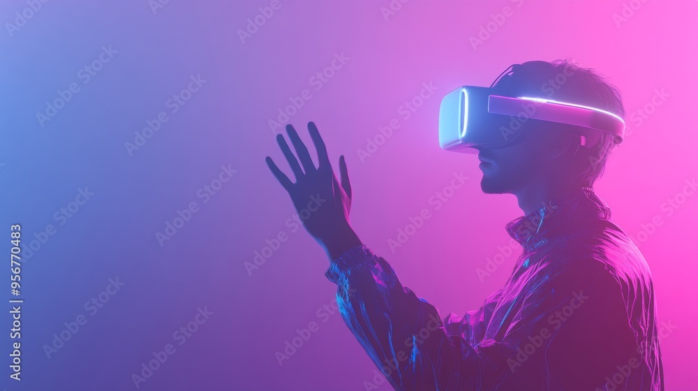 Wall mural Young woman wearing glasses of virtual reality. Smartphone using with VR headset, virtual reality, futuristic technology concept. Asian woman wearing VR glasses in pastel neon lighting.