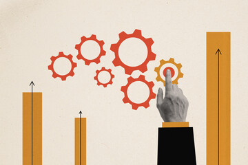 Artwork image collage of successful worker touch cogwheel work hand finger touch isolated on...