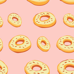 Seamless pattern with hand drawn doodle bagels on pink background
