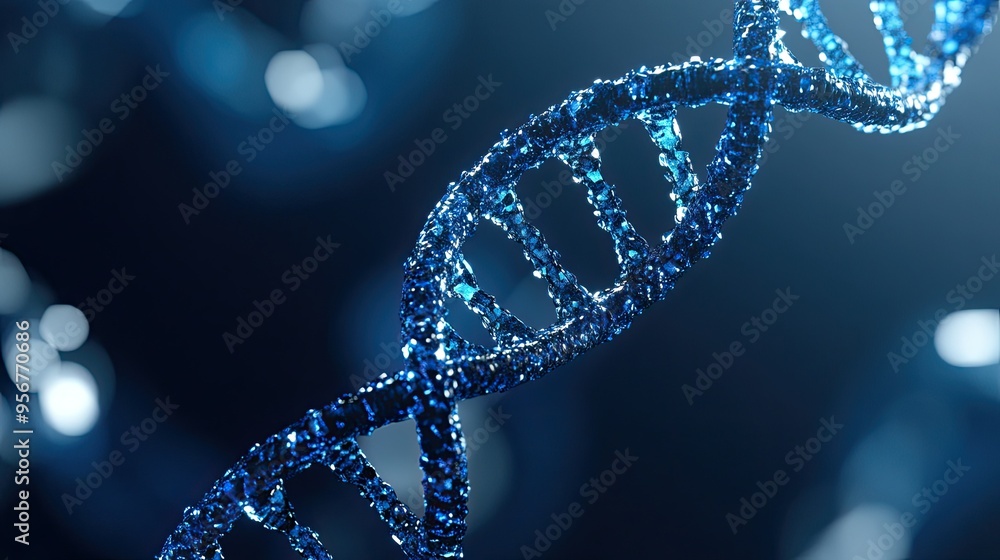 Poster 3d rendering of a blue dna double helix spiral rotating against a deep blue backdrop