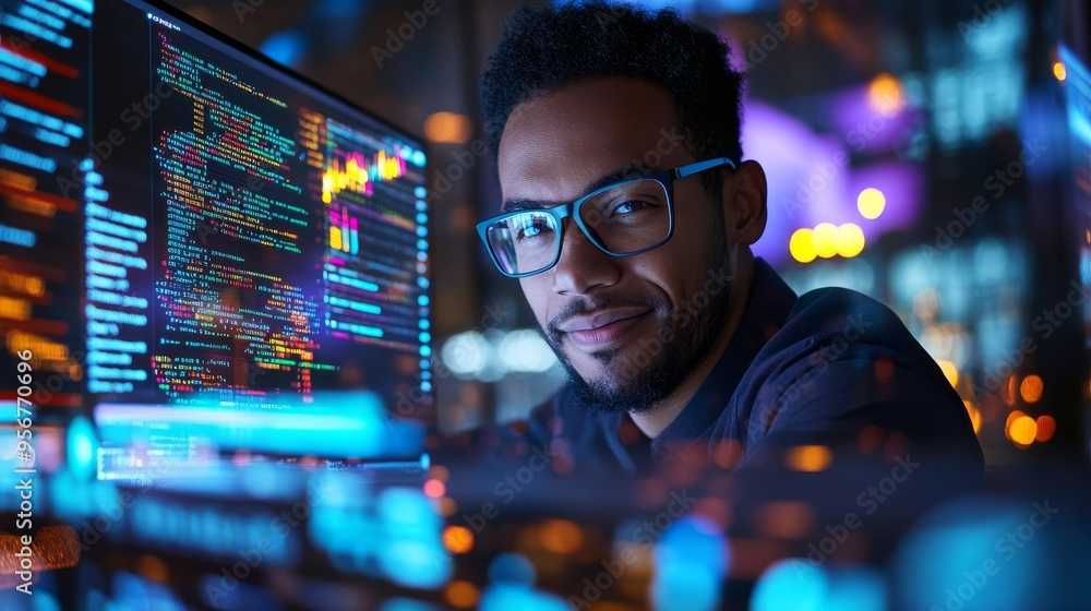 Poster in real-life, professional black it programmers are working on desktop machines. they are developing