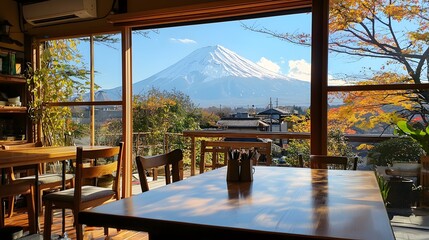 Fototapeta premium A serene Japanese café offering a breathtaking view of Mt. Fuji, blending modern design with traditional elements, perfect for relaxation and contemplation..