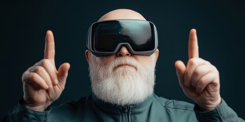 Elderly man wearing virtual reality goggles, gesturing with hands, exploring digital world, modern technology concept.