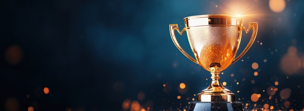 A stunning golden trophy illuminated by soft light, symbolizing achievement and success against a blurred, sparkly background.